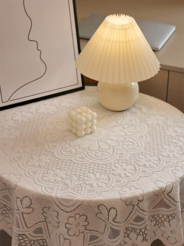 Khăn trải bàn màu trắng phối ren, dùng cho bàn tròn, bàn vuông, decor vintage , trang trí nhà 2
