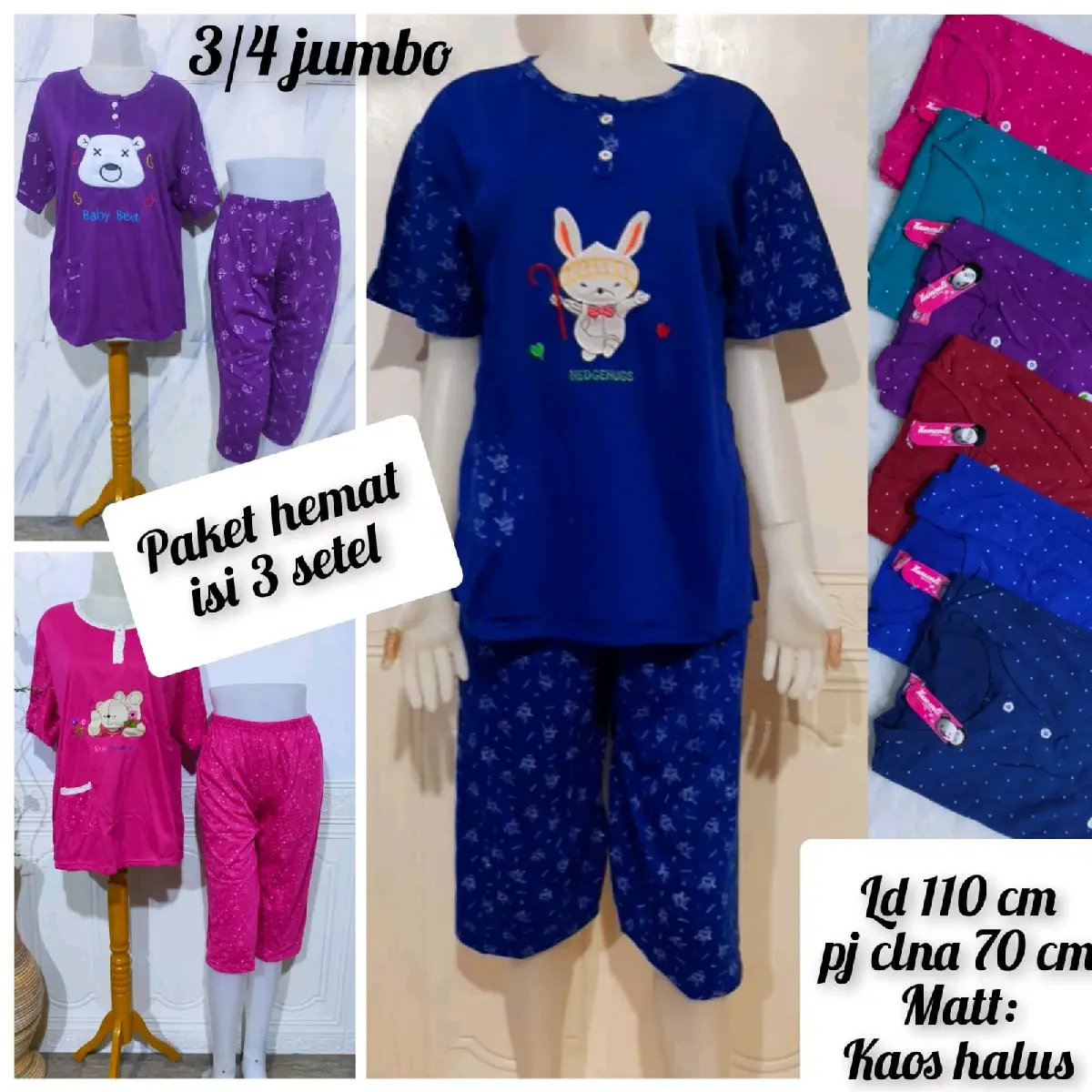 paket murah isi 3 babydoll 3/4 jumbo wanita bahan kaos halus