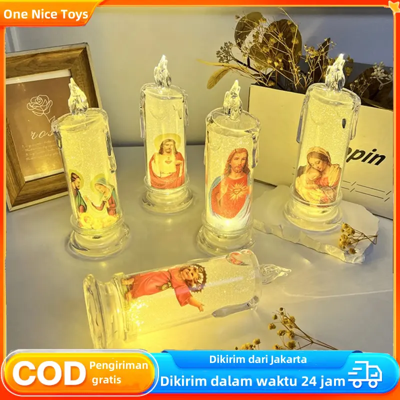 Lilin LED Elektrik 18cm Tears Candle Christmas Lamp Motif Tuhan Yesus Bunda Maria Dekorasi Hiasan Natal