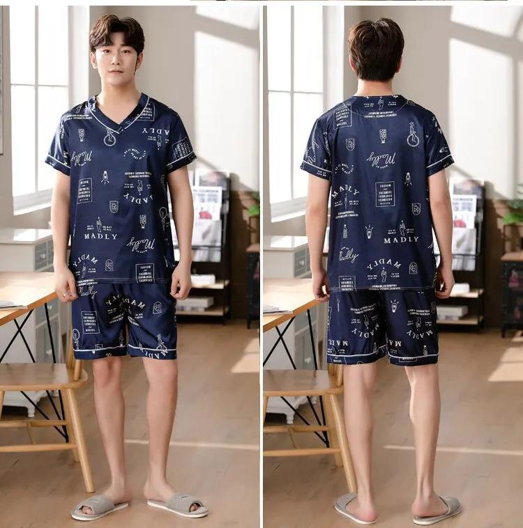 Product Introduction of Men's Pajamas Summer Fashion V-Neck Thin Ice Silk Short-Sleeved Shorts Nightie Two Piece 2024 New Boys Casual Sleepwear Nightie 29