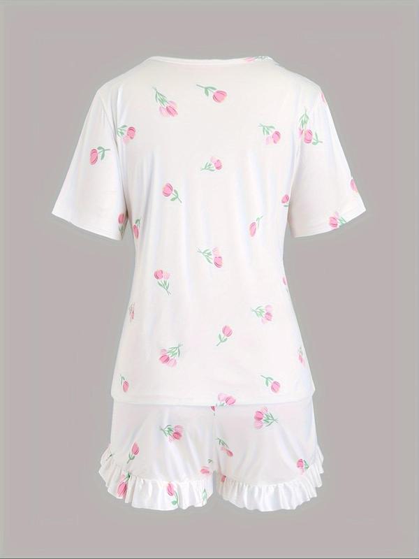 【Plus Size】 Floral Print Short Sleeve Tee & Ruffle Trim Shorts Pyjama Set, Pyjamas for Women, Round Neck T-shirt & Elastic Waist Shorts Pj Set, Women's Sleepwear for Spring & Fall, Women Nightwear, Lounge Set for Women, Pajama Sets Women, Pajamas 1