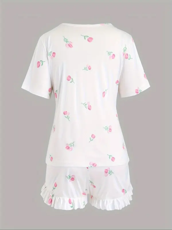 【Plus Size】 Floral Print Short Sleeve Tee & Ruffle Trim Shorts Pyjama Set, Pyjamas for Women, Round Neck T-shirt & Elastic Waist Shorts Pj Set, Women's Sleepwear for Spring & Fall, Women Nightwear, Lounge Set for Women, Pajama Sets Women, Pajamas 1