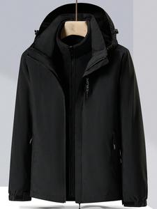 Women's Solid 3-in-1 Pocket Drawstring Zip Up Hooded Coat, Casual Long Sleeve Waterproof Outerwear for Fall & Winter, Ladies Clothes for Daily Wear