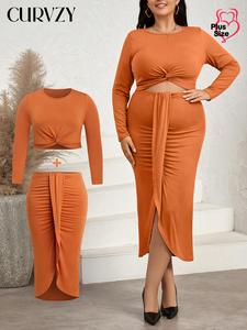 CURVZY Plus Size Solid Twist Ruched Crop Top & Split Thigh Skirt Set, Elegant Fashion Casual Round Neck Long Sleeve Top & Skirt for Daily Outdoor Wear, Women's Clothing for Spring & Fall