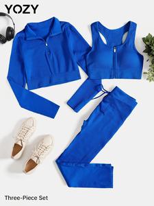 YOZY-GOOO Thumb Hole Zip Top & Racerback Vest & Drawstring Leggings Three-Piece Set/Casual Breathable Crop Tank Top, 2024 Women's Daily Wear for All Seasons