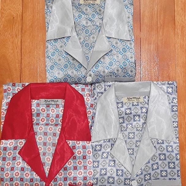 Bộ pijama phi bộ ngủ nam trung niên họa tiết dài tay, chất liệu phi bóng [ẢNH THẬT] Kem Nhung Kem Nhung Tim 5