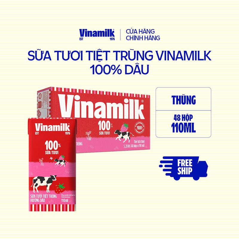 Thùng 48 hộp sữa tươi tiệt trùng Vinamilk 100% Hương Dâu 110ml - Hàng Chính Hãng