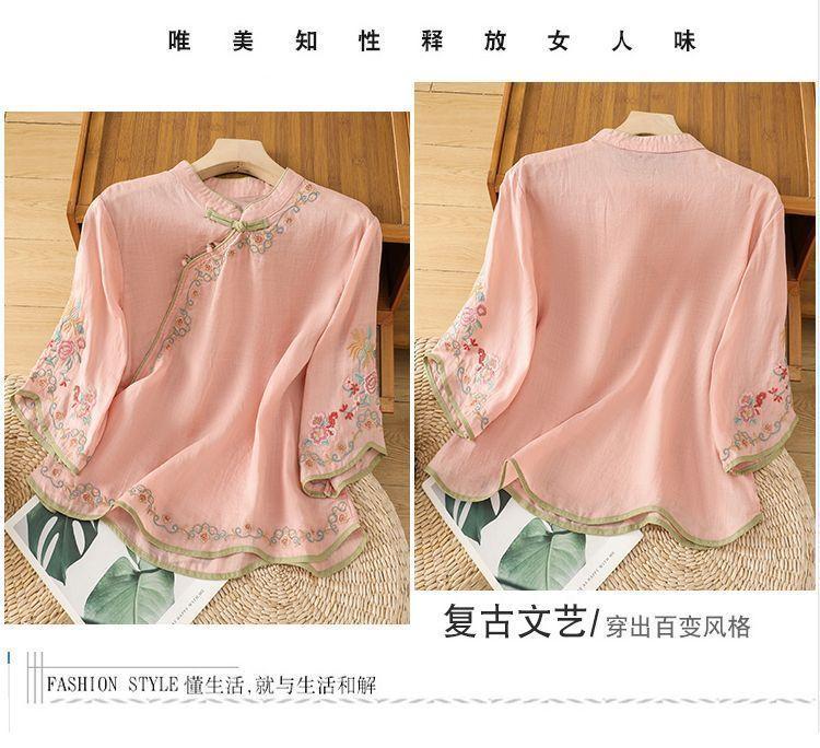 Product Introduction of Kemeja Kapas dan Linen, Gaya Cina Baru, Bersulam, Baju Retro Artistik Wanita, Gesper, Pakaian Teh Silang Badan Musim Panas Baru, Tersedia dalam Versi Tiga Dimensi, Reka Bentuk Menyembunyikan Kepak, Sesuai untuk Wanita, Gaya Cina 9