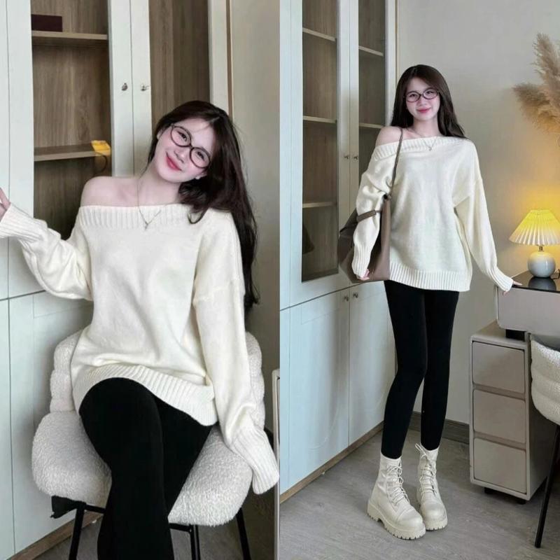 Áo len nữ lệch vai dáng rộng len lông thỏ mềm mịn dày dặn 40-60 kg hàng QC loại 1 phong cách hàn quốc Chihua Top Women A217