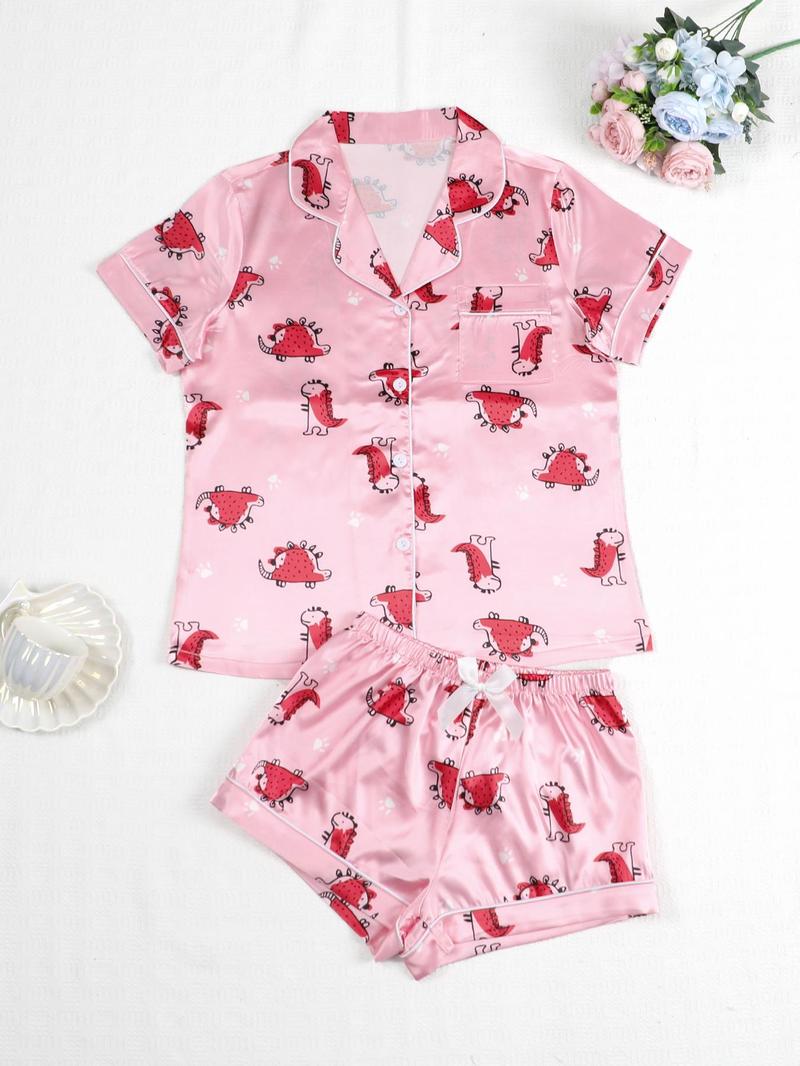 Product Introduction of Two-piece Set Women's Cartoon Dinosaur Print Top & Shorts Satin Pyjama Set, Cute Comfy Pocket Short Sleeve Top & Shorts Pj Set, Ladies Summer Sleepwear, Pajamas 3