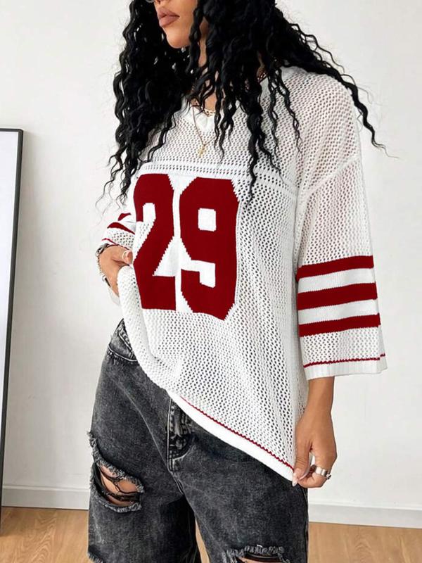 Women's Figure Print Hollow Out Sweater, Casual  V Neck 3/4 Sleeve Jumper for Summer, Fashion Women's Knitwear for Daily Wear 7