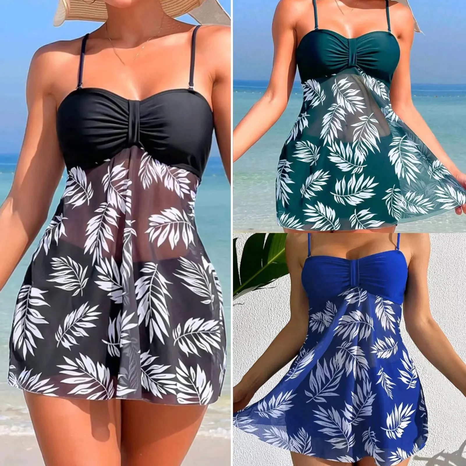 Meishanle 2Pcs/Set Tankini Set Adjustable Straps Padding Underwire Bandeau Tops Boxer Briefs Set Mesh Splicing Design Beach Swimwear