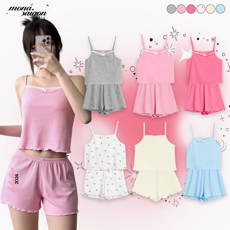 Set đồ ngủ Nữ áo 2 dây kèm quần thun gân gắn nơ MONÁ - CUTIE