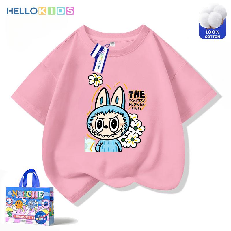 Áo Thun Ngắn Tay 100% Cotton, In Hình Labubu, Phong Cách Dễ Thương, Thời Trang Trẻ Em, Áo Thường Ngày 1