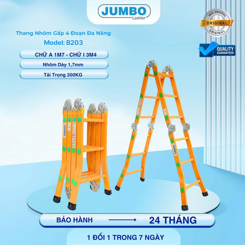 Thang nhôm gấp 4 đoạn JUMBO B203, chữ A cao 1.7m, chữ I cao 3.4m, 14 tư thế sử dụng