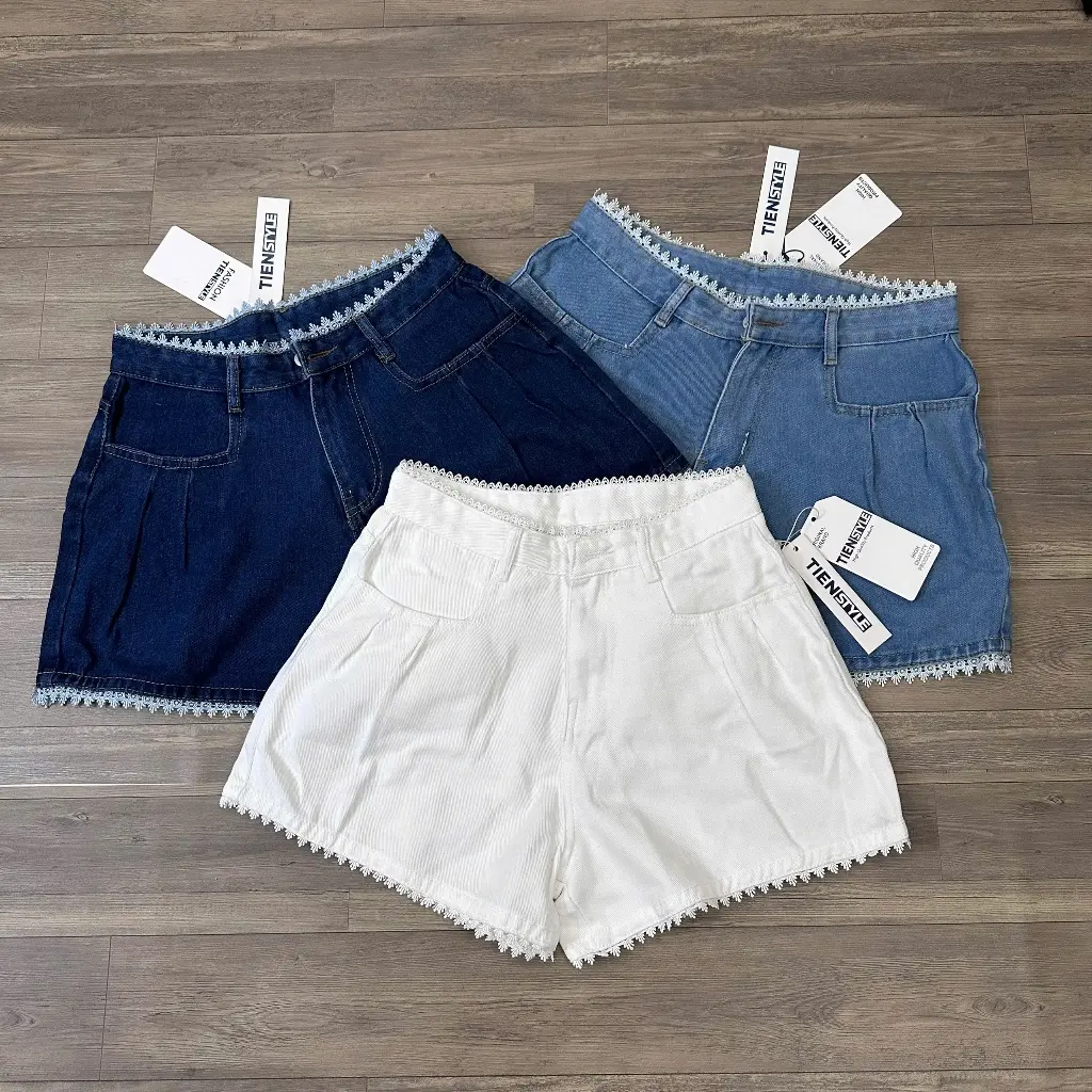 (Có BIGSIZE) Quần short jean nữ xoè  lật lưng Size S M L XL - Quần đùi bò viền ren chít ly màu xinh không giãn Women Kem