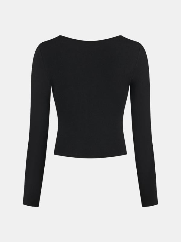 YOZY Women's Plain Rhinestone Bow Decor Crop Top, Elegant Long Sleeve Top for Spring & Fall, Ladies Clothes for Daily Wear 1