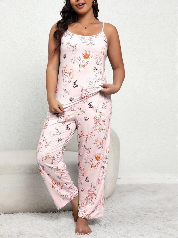 Plus Size Two-piece Set Floral & Butterfly Print Pajamas Set, Casual Cami Top & Elastic Waist Pants, Women's Plus Size Sleepwear for All Seasons 8