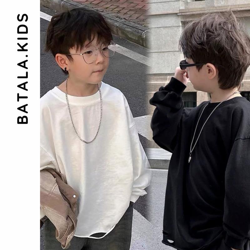 Áo thun dài tay thu đông cotton co giãn 4 chiều bé trai bé gái Batala Kids ÁO THUN DÀI TRẮNG ĐEN CẮT XOẢ GẤU 2025