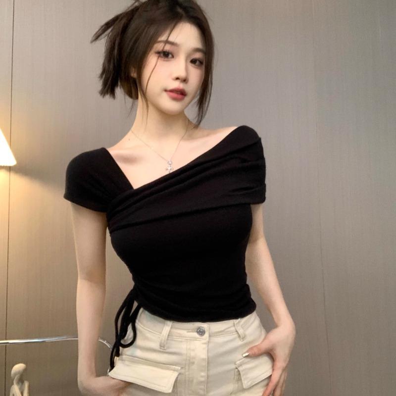 Product Introduction of Summer short two wear a line shoulder twisted shoulder short sleeve T-shirt women slim solid color pleated top base Womenswear Blouses 15