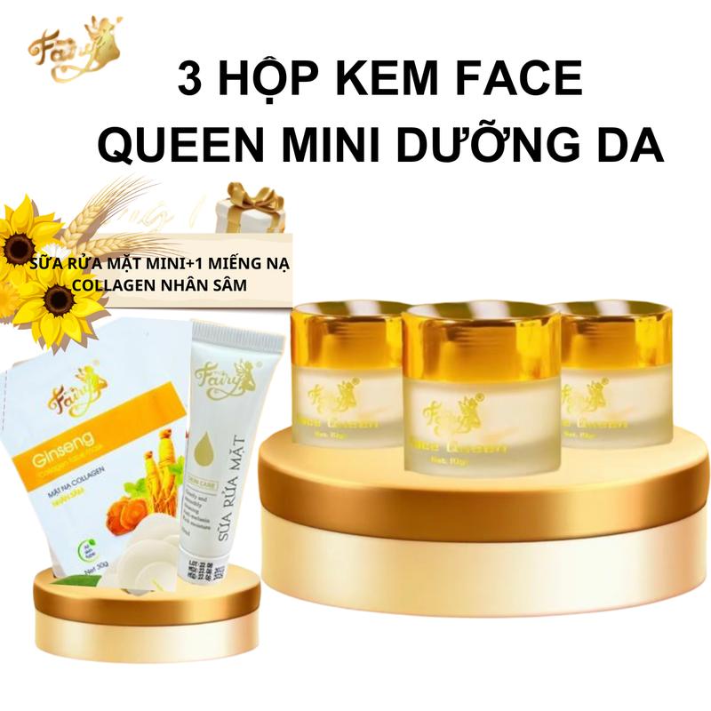  3 HÔP KEM FACE QUEEN Mini Dưỡng Da  Tặng 1 Miếng Nạ Nhân Sâm + 1 tuýp Sữa Rửa Mặt mini  Làm Đẹp Da 