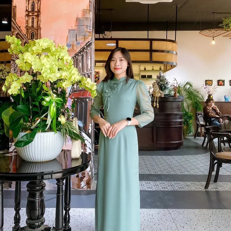 Áo dài An An - Áo dài cách tân đính hoa tay bồng. Phù hợp đi dạy học, lễ tết, chụp hình… Nữ Women Voan Dress Voi Sen Màu Hồng đen đính nơ cúc 4 tà Hoa Sen 6