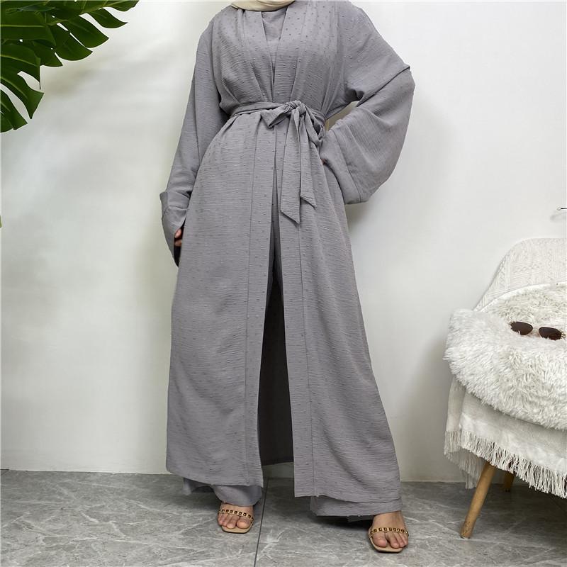 Product Introduction of Robe Three-Piece Set Long Cardigan Sleeveless Top and Pants with Pockets Muslim Islamic Clothing 1958 18
