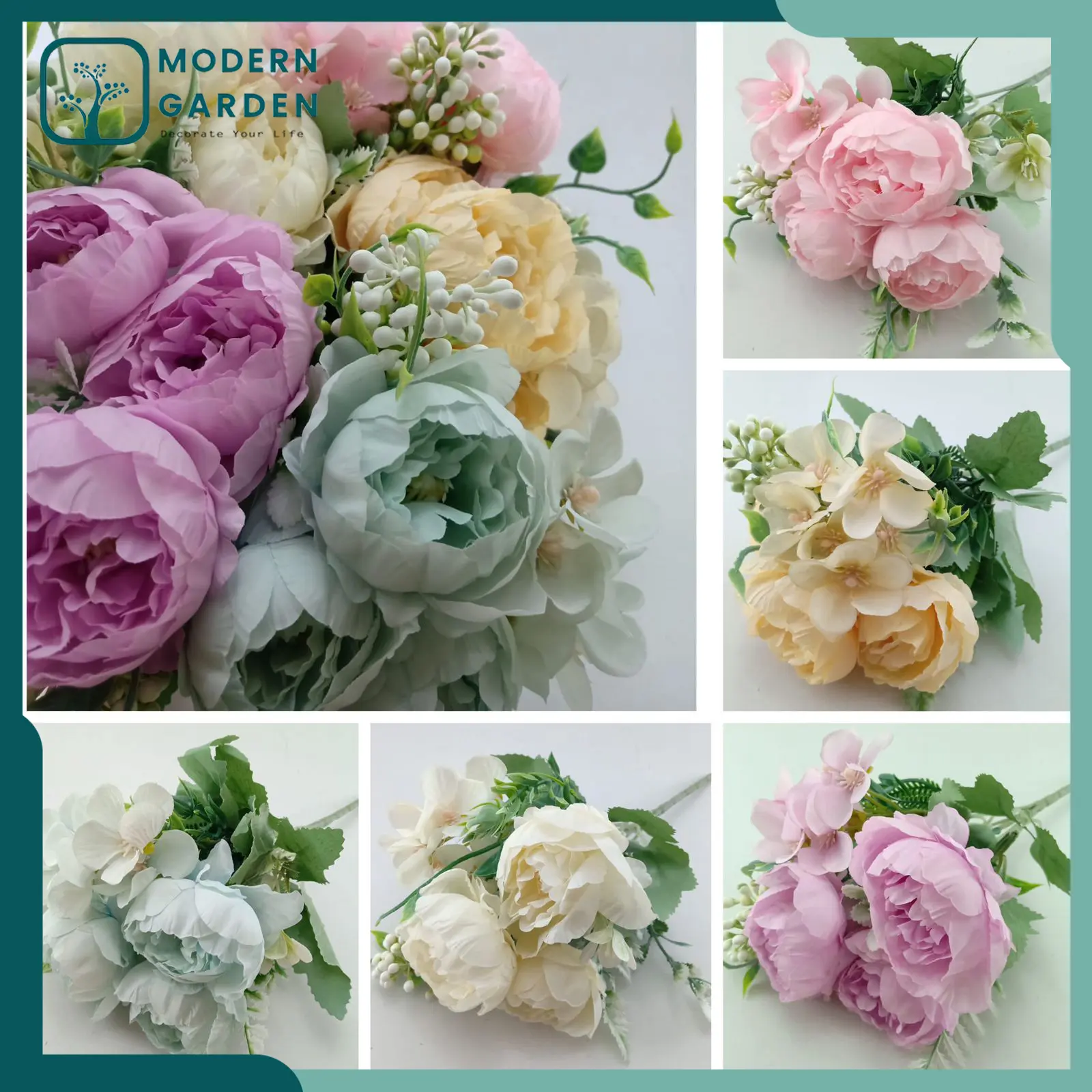 Bunga Peony Dekorasi BT9058 Bahan Plastik Untuk Hias Acara/Rumah/Kantor(1 Buket 5 Tangkai 3 Kuntum) Kuning Pink