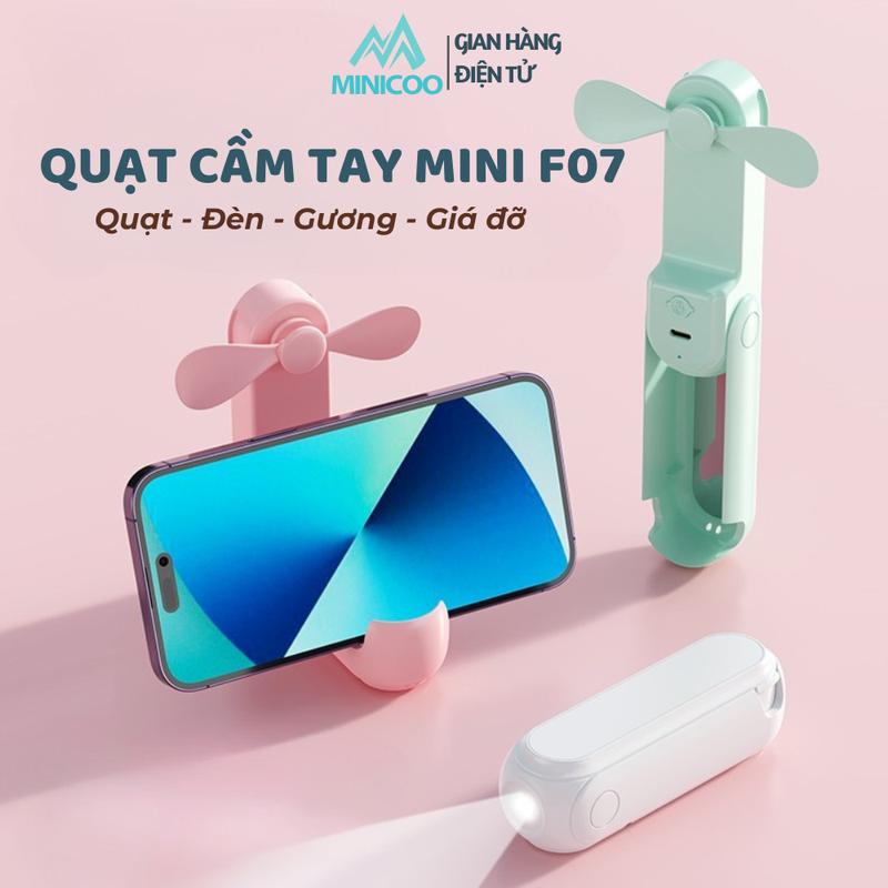 Quạt Cầm Tay Mini F07 Sạc Tích Điện Gấp Gọn Có Đèn Để Bàn Có Gương Tặng Kèm Dây Đeo