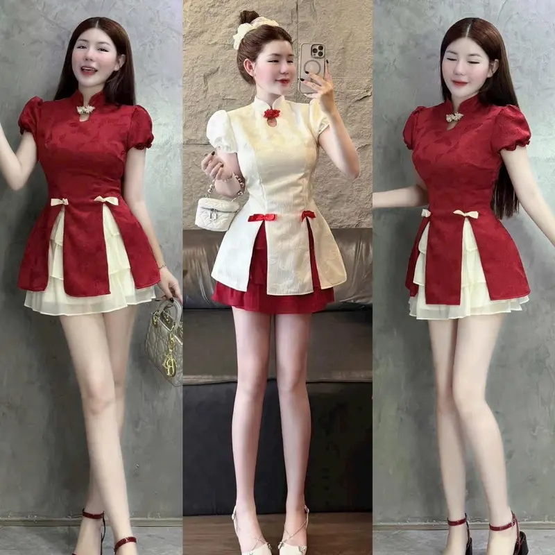Bộ áo gấm cổ tàu tay phồng nữ tính đính nơ xẻ tà phối chân váy xòe cho nàng diện đi chơi noen, lễ tết - Women, Dress 0