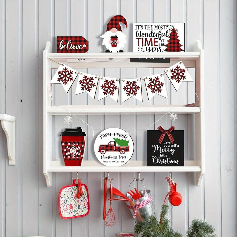 Product Introduction of Christmas Themed Tiered Tray Decoration, Wooden Sign with Banner & Gift Box & Truck & Gnome Doll, Desktop Decoration for Home Party Festival, Ornaments 2
