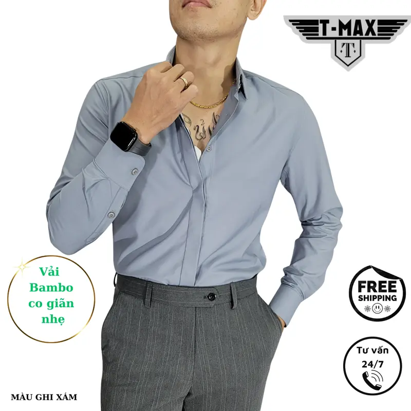 Áo Sơ Mi Lụa Bambo T-MAX LUXURY Dáng Slimfit, Dài Tay, Co Giãn, Khuy Nẹp Ẩn – Sang Trọng, Nhẹ Mát, Lịch Lãm Mỗi Ngày 6