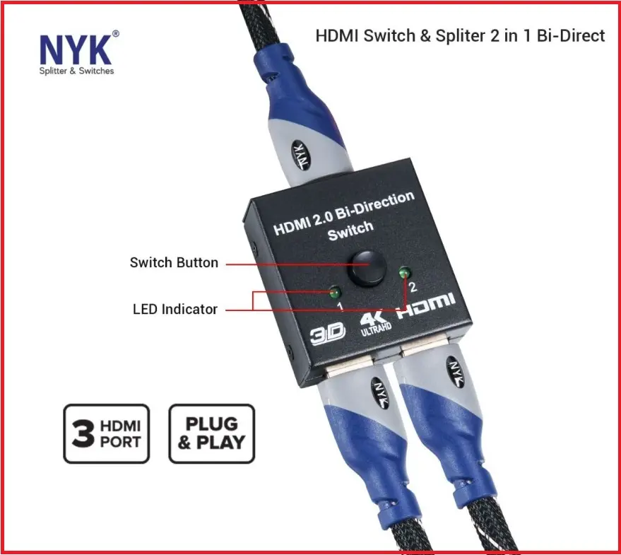 NYK HDMI Switch & Splitter 2 in 1 Bi-Direct 2 Port 4K - 2K