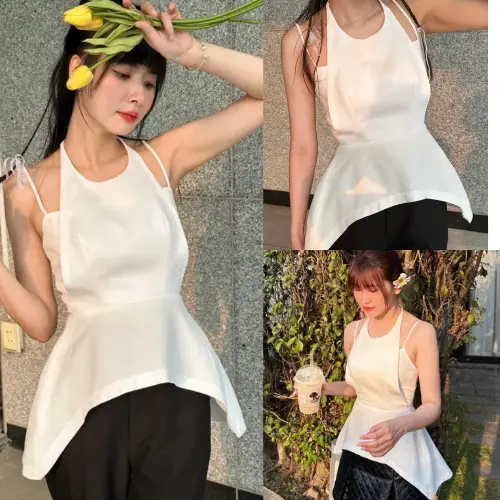 Áo dây cổ yếm xòe, áo nữ cách tân điệu đà free size dưới 53kg hai màu trắng đen (kèm ảnh thật)