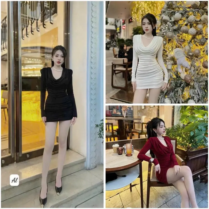 B37- Đầm Body Dự Tiệc Cỗ Đỗ Tay Dài, Nhún Thân - Form Ôm Body Tôn Dáng, Quyến Rũ - Sang Trọng, Thanh Lịch 0