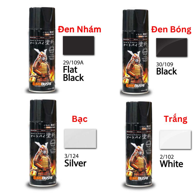 Sơn Xịt Samurai Nhiều Màu Đen Nhám, Đen Bóng, Bạc, Trắng ,Xanh GP ,Sơn Lót ,Phủ Bóng Sơn Chịu Nhiệt H2 Chất Luợng Nhật Bản