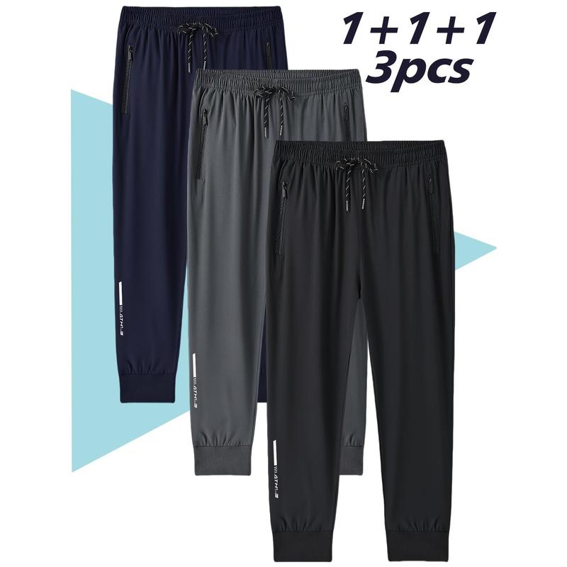 3-Pack Men'S Athletic Joggers, Breathable Polyester Sports Pants with Zipper, Non-Stretch Woven Fabric, Regular Fit, Printed Design for Outdoor Running & Fitness,/Fall Season - 95% Polyester, 5% Elastane 1