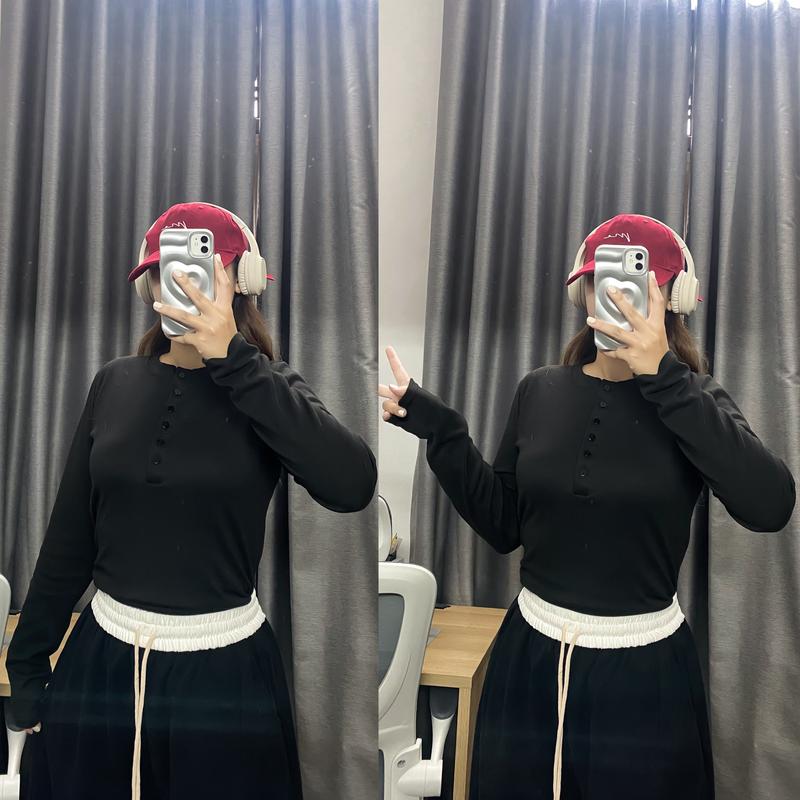Áo Thun Nỉ Bigsize Dài Tay Cài Nút Chất Thun Co Giãn Dáng Ôm Nữ Women Top 3