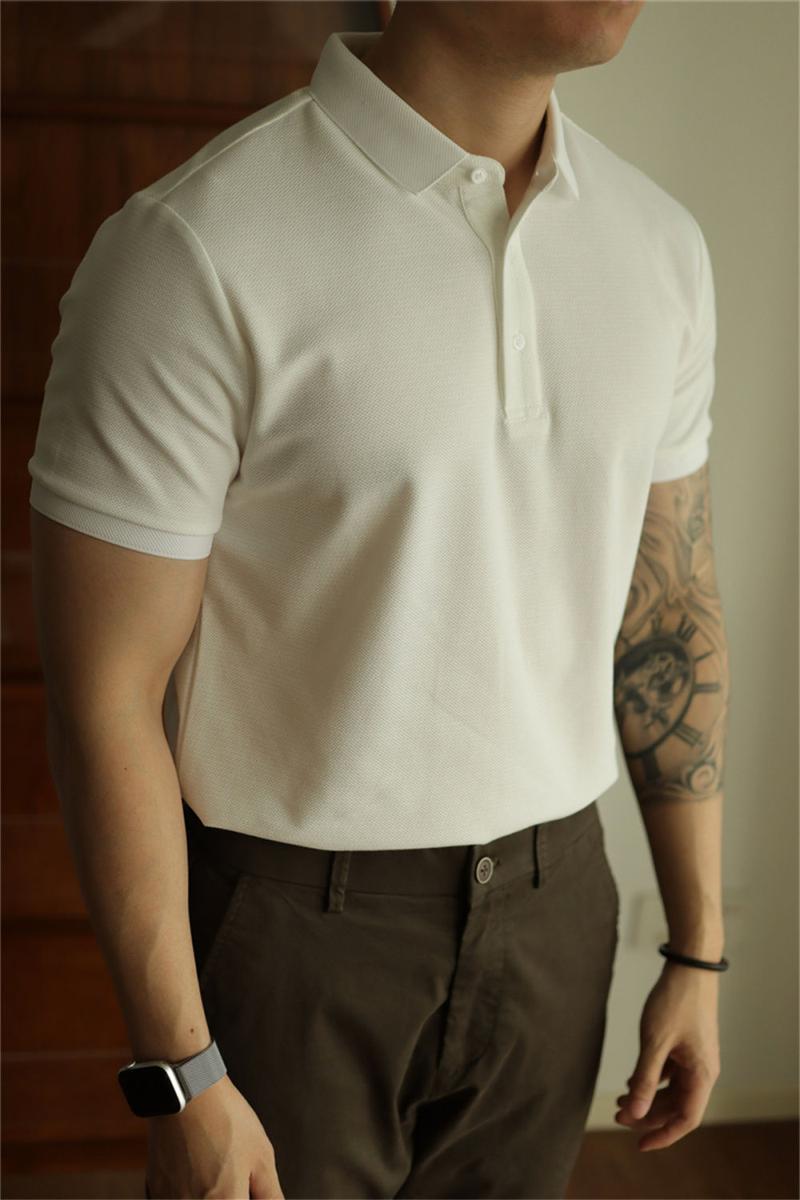 Product Introduction of Kemeja Polo Kapas Pique Jaringan, Kemeja-T Lengan Pendek Lelaki, Warna Pepejal, Kolar Kebawah, Sesuai untuk Ulang-alik, Musim Bunga dan Musim Panas, Kasual, Kemeja-T Lelaki Matang 9