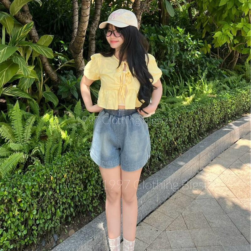 Quần short jeans trơn mềm cạp chun lưng cao cho nữ có BIGSIZE