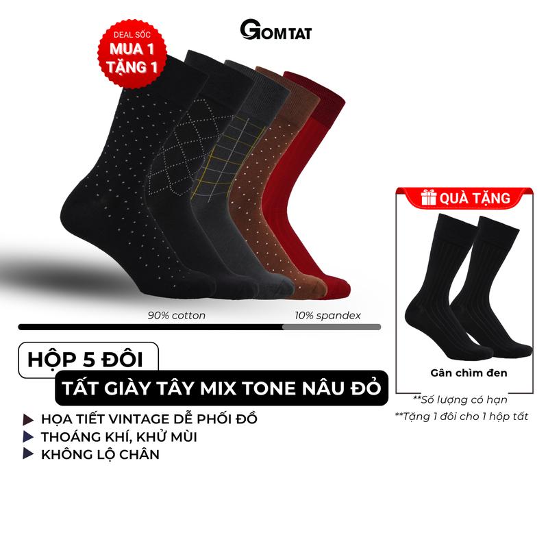Hộp 5 đôi tất đi giày tây cổ cao GOMTAT mẫu MIX03, vớ nam công sở chất liệu cotton cao cấp thoáng khí, tất nam công sở, vớ nam cao cổ Menswear - GOM-MIX03-CB5