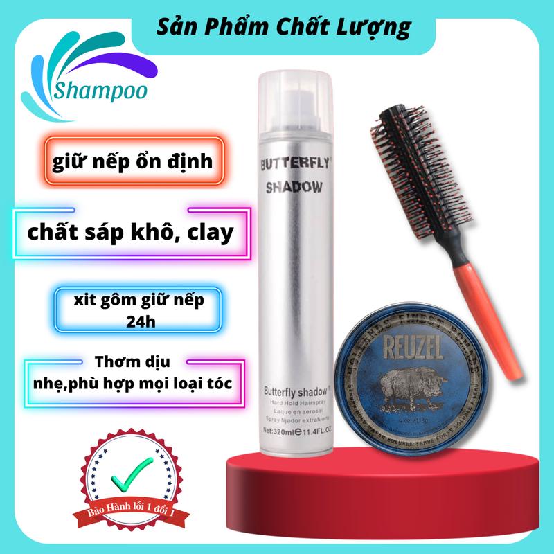 Combo gôm xịt tóc Butt 320ml hàng công ty kèm sáp vuốt tóc Reuzel nhôm xanh biển tặng lược tròn