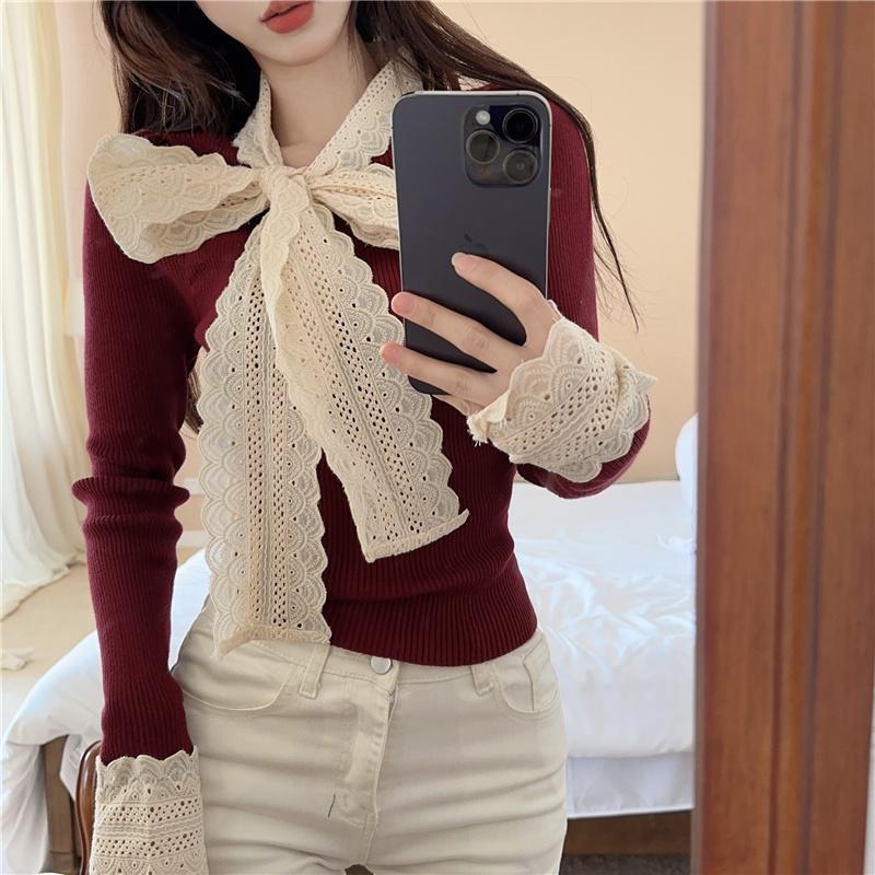 Product Introduction of Áo Len Dệt Kim, Phong Cách Cổ Điển Giáng Sinh, Thiết Kế Thắt Nơ Dành Cho Nữ, Thích Hợp Cho Mùa Thu Và Mùa Đông, Có Lớp Nền Ren, Có Thể Mặc Bên Trong, Áo Tay Phồng Áo Màu Đỏ Giáng Sinh 12