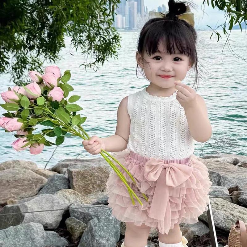 Bụ bẫm lên size Sét váy tutu mềm màu hồng kèm áo cotton có thông hơi mát mẻ không dùng chất liệu len nóng cho bé gái 5-18kg Ren dam xinh vaybe
