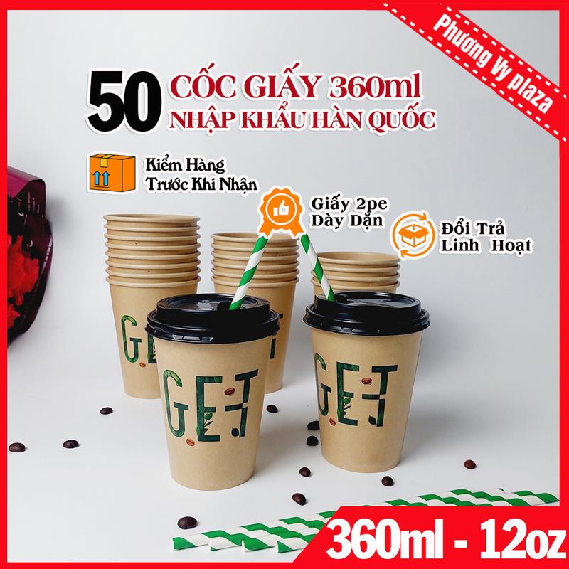  50 chiếc cốc giấy 360ml - 12oz GET nâu nắp đen ly giấy NHẬP KHẨU HÀN QUỐC 