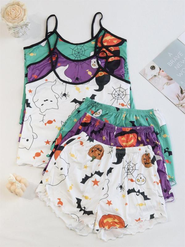 6 Pieces Women's Contrast Binding Lettuce Trim Cami Top & Shorts Pyjamas Set, Casual Comfy Halloween Pumpkin & Skull Print Camisole & Shorts Pj Set, Sleepwear Set for Women, Co-ord Sets for Women, Nightwear 4