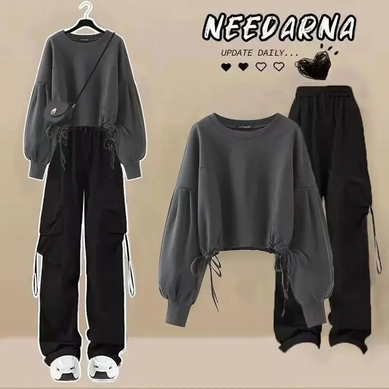 Autumn Sweet Cool Suit Girls' Korean Style Loose Design Long-Sleeved Sweater + Handsome Overalls Two-Piece Suit Fashion