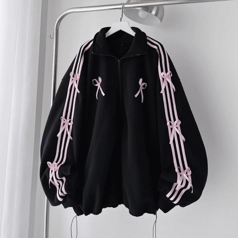 Áo khoác nỉ nơ hồng tay ngực cổ trụ phom rộng áo nỉ nữ giá binh dân