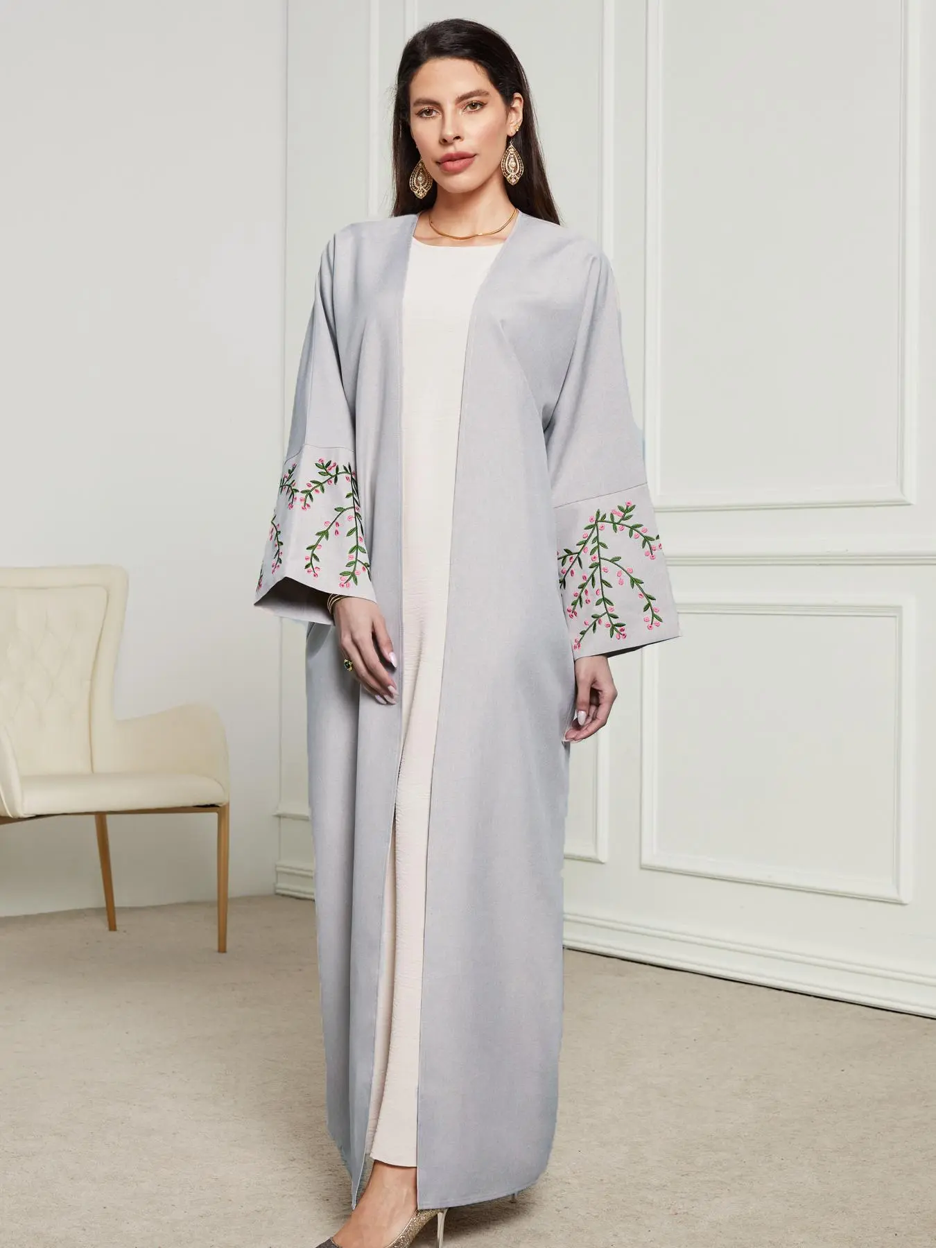 Women's Plain Embroidery Abaya, Modesty Pastel Long Sleeve Open Front Maxi Muslim Dress, Ladies Islamic Clothing for All Seasons