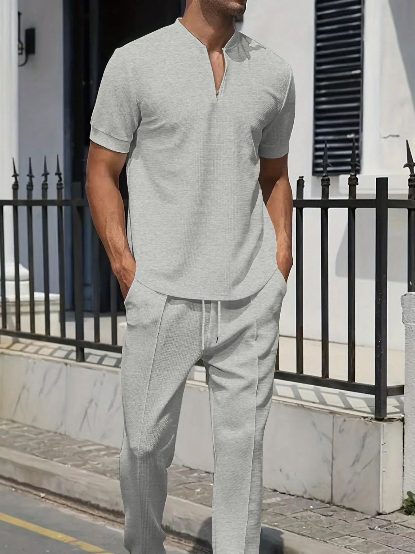 Two-piece Set Men's Solid Waffle Tee & Pants Set, Casual Short Sleeve T-shirt & Trousers, Men's Summer Clothes for Daily Wear, Clothing